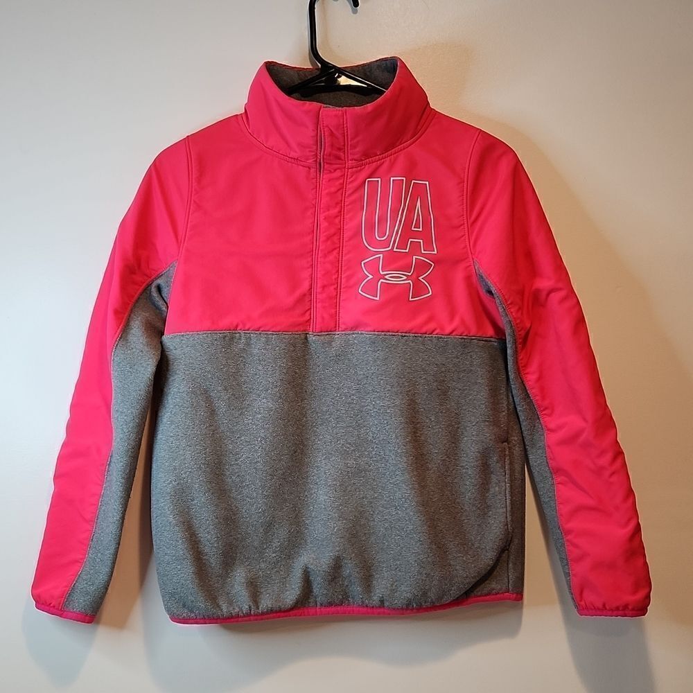 Under Armour Cold Gear 1/2 Button Fleece Jacket Youth Size XL Pink/Gray EUC